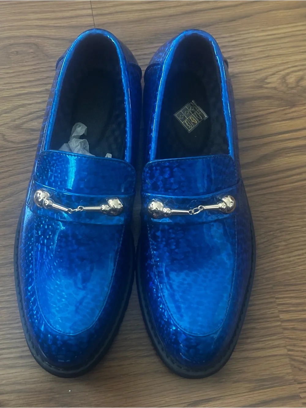 Men's Shiny Blue Slip-On Loafers with Gold Bit Detail